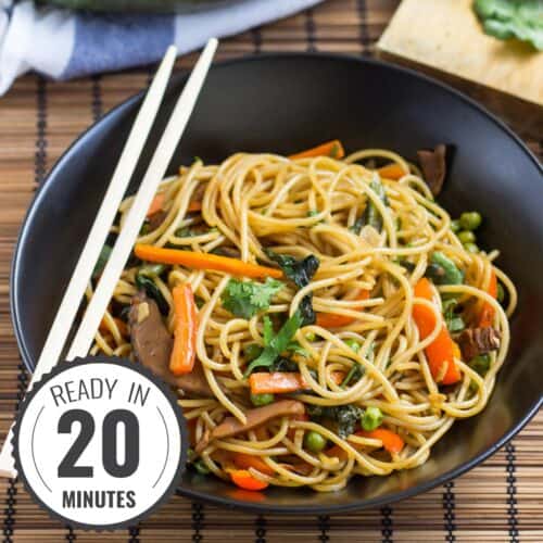 Featured image of a vegan vegetable Lo Mein with a time stamp in the bottom left hand corner. | Hurry The Food Up