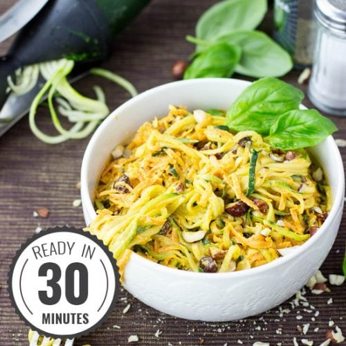 Zucchini Noodles (zoodles) with Exquisite Hazelnut-Carrot Sauce (30 Mins) #zucchini #zoodles #spaghetti #pasta #noodles | hurrythefoodup.com