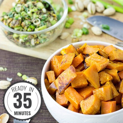 Roasted Sweet Potato Cubes with a Piquant Pistachio Dressing #sweetpotato #vegan #vegetarian | hurrythefoodup.com