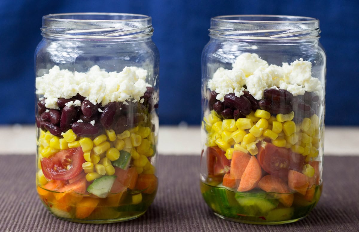 Two jars with the ingredients for salad in them | Hurry The Food Up