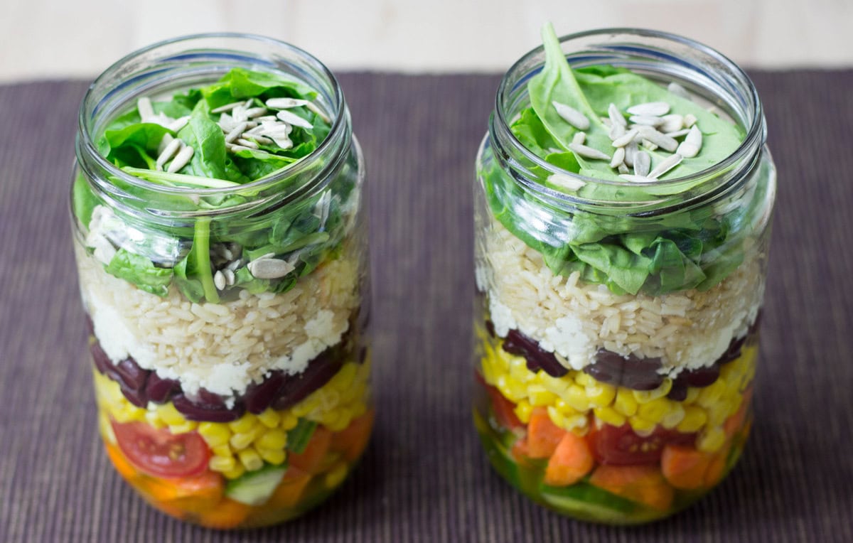 Two jars with the ingredients for salad in them | Hurry The Food Up