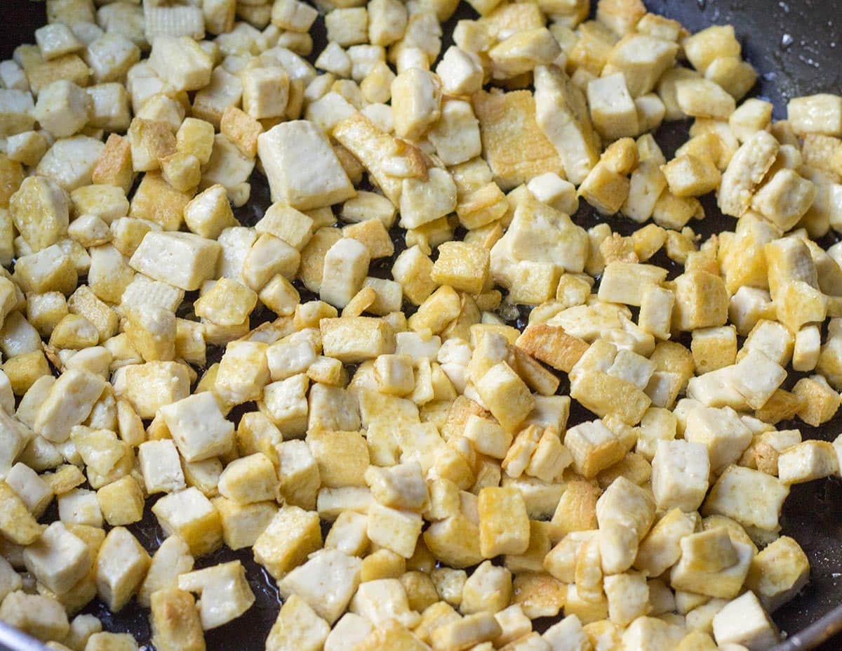 Tofu cubes are frying in the pan | Hurry The Food Up