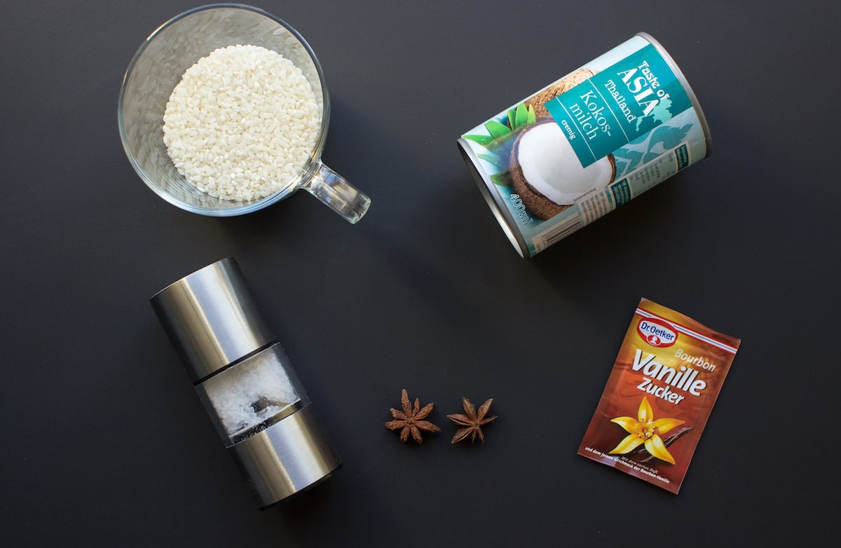 Ingredients needed to make the coconut rice pudding | Hurry The Food Up