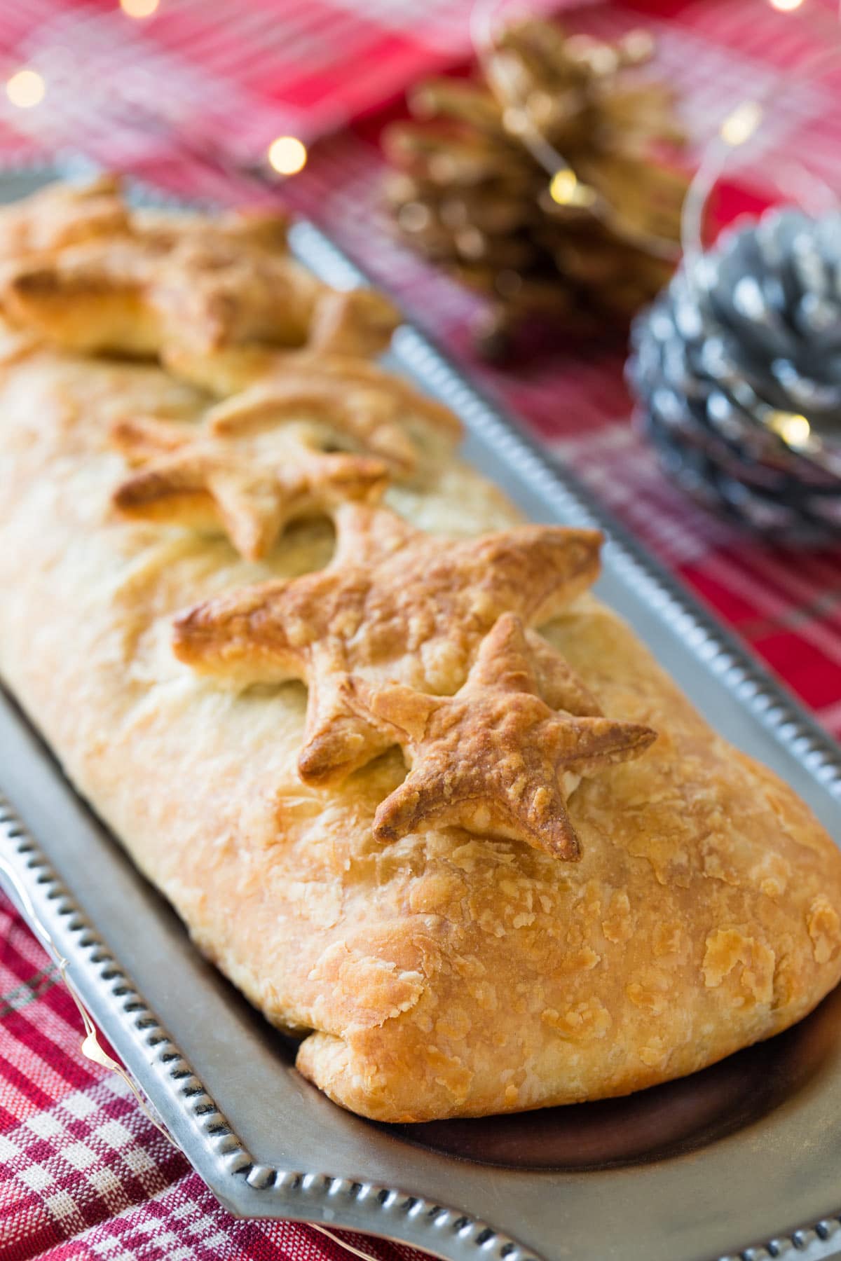 Vegetable Wellington is on a silver tray close up | Hurry The Food Up