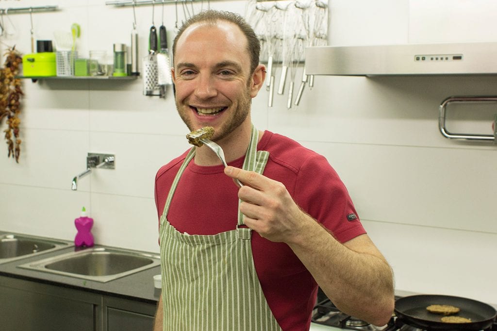Very happy Dave eating a patty on a fork #whole grain flour #red onion | hurrythefoodup.com