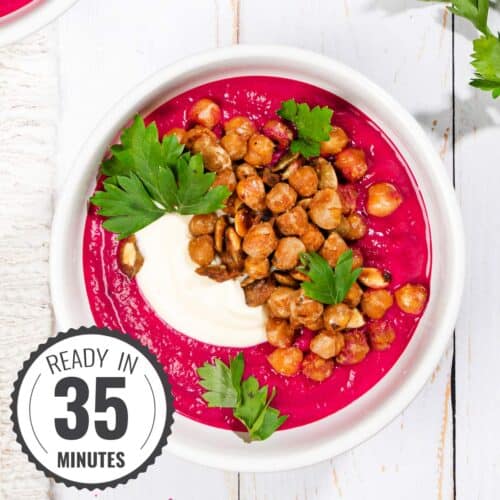 Birds eye view of a bowl of beetroot soup with time stamp at the bottom left corner | Hurry The Food Up