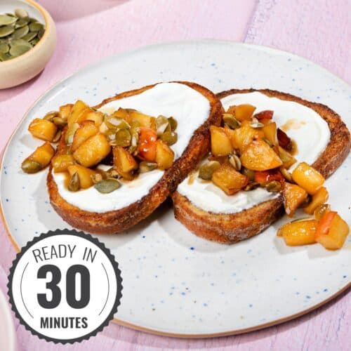 A plate of healthy French toast with apples with a time stamp in the bottom left hand corner | Hurry The Food Up