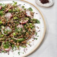 A plate full of salad on a white surface with a small tray of sumac next to it, taken from a side angle | Hurry The Food Up - 8
