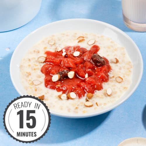 A bowl of rhubarb and bulgur porridge with a time stamp in the bottom left hand corner | Hurry The Food Up