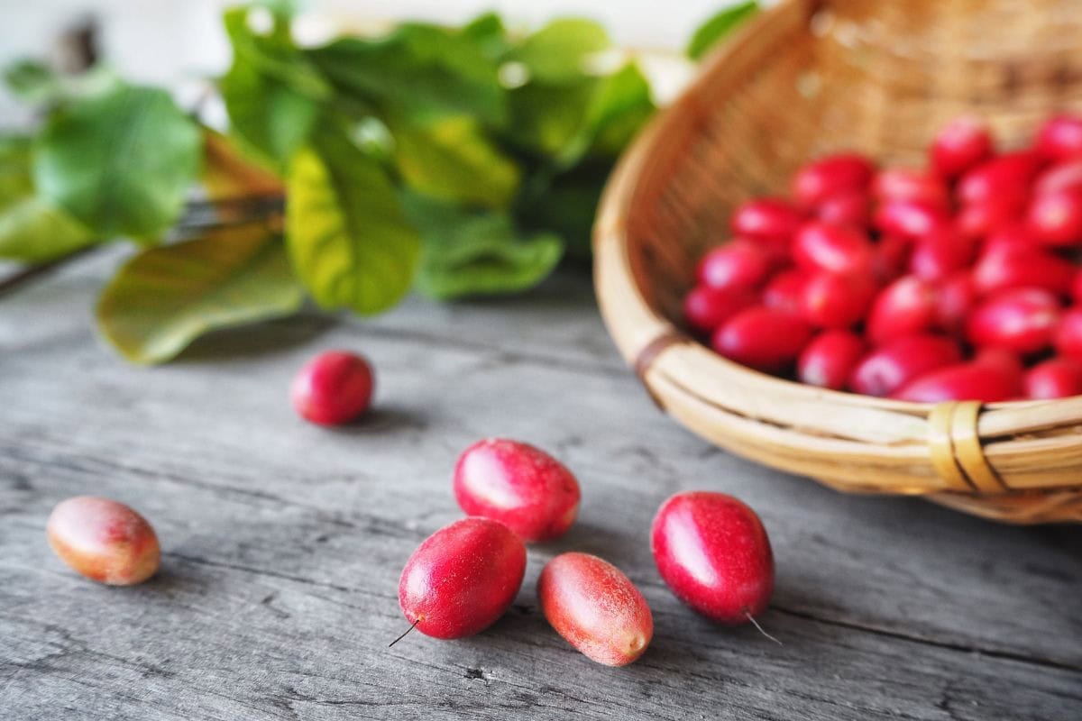 A scattering of miracle berries on a grey background with a wooden basket full of berries in the background | Hurry The Food Up