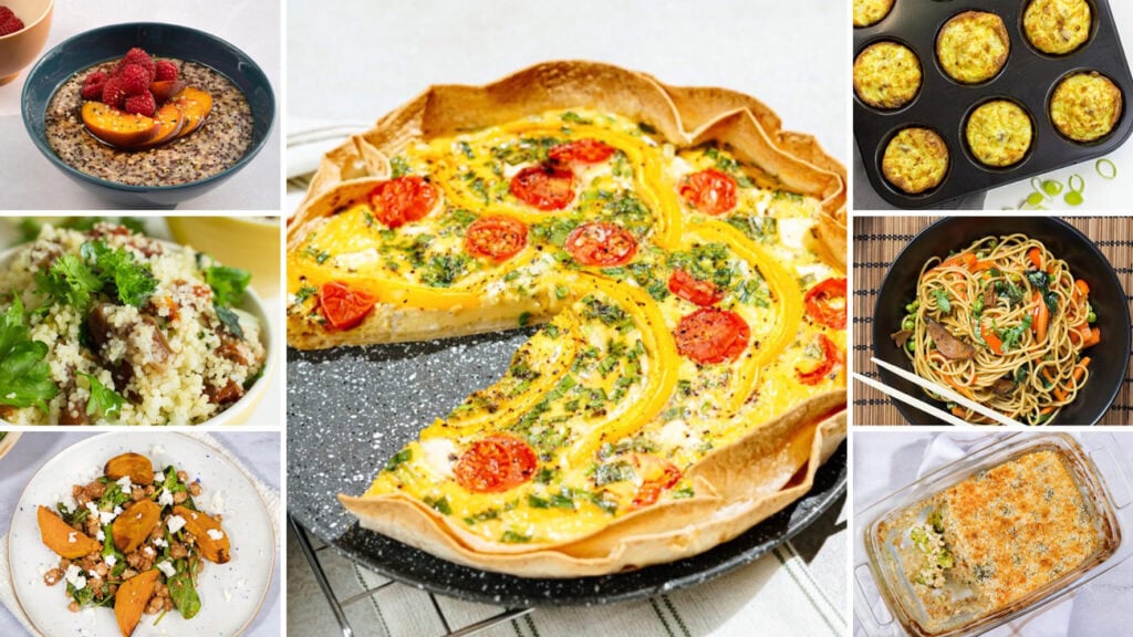 Quiche on baking tray, with smaller food items around it