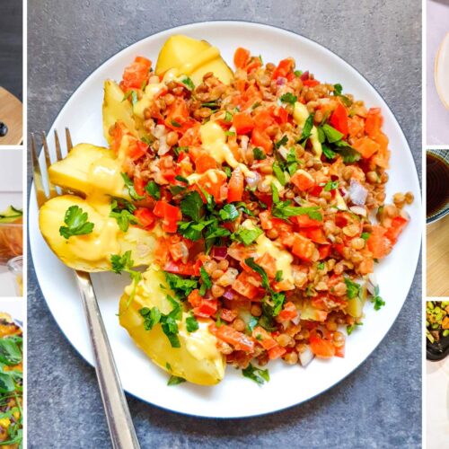 Potatoes and red peppers on a plate surrounded by 6 other meals
