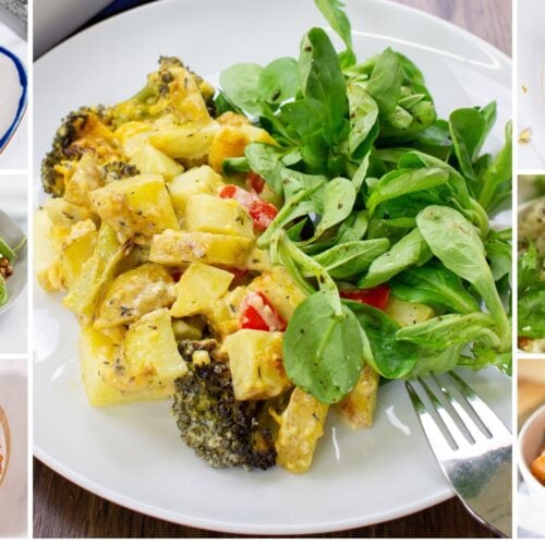 7 meals on a table including potato and melted cheese