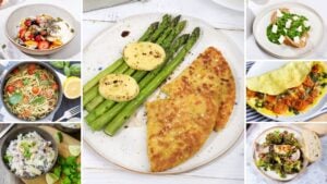 Seven meals laid out on a table
