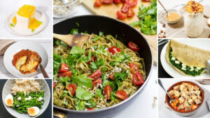 7 meals laid out with a frying pan in the middle