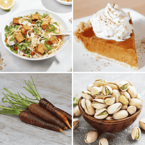 Tofu, cake, carrots and pistachios on a grid