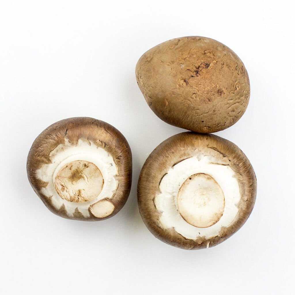 Three mushrooms on white surface