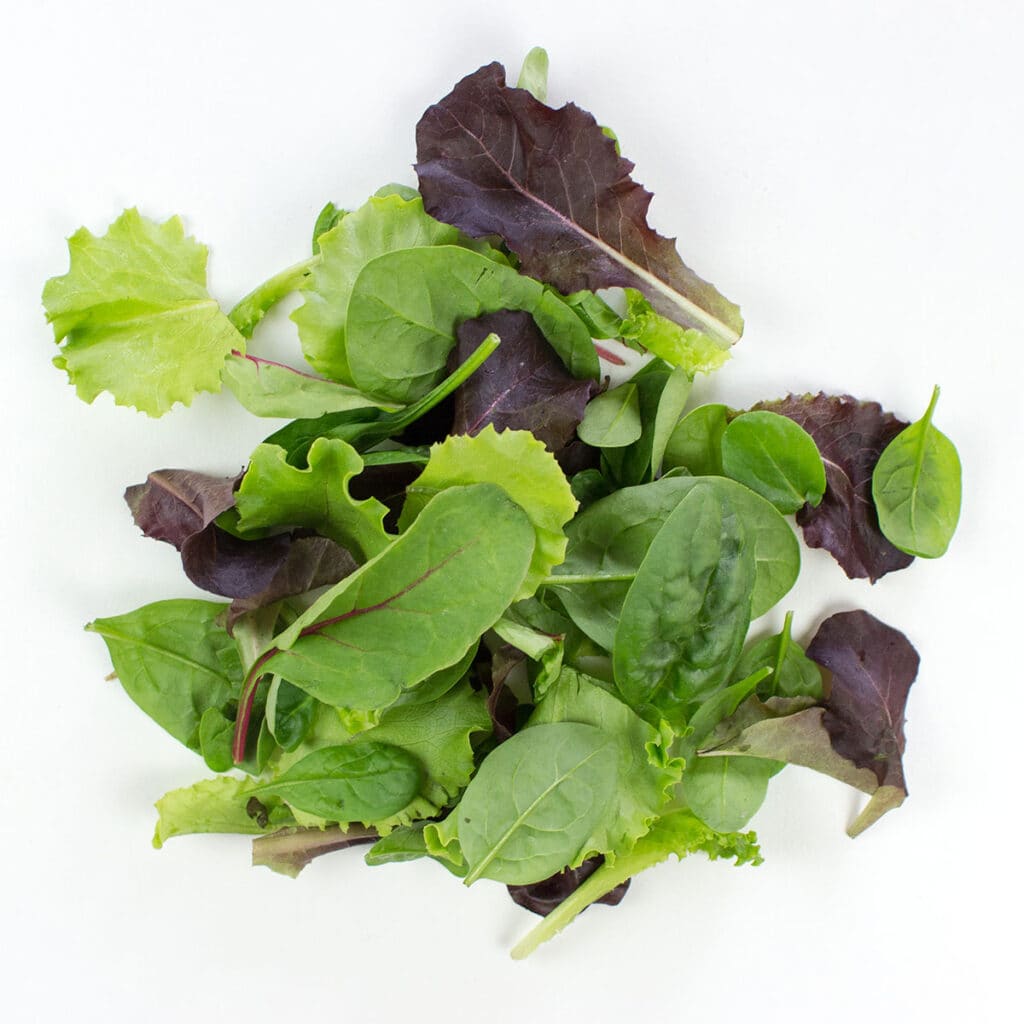 Baby leaf salad on white surface