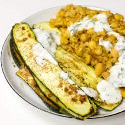 A plate of Fried Chickpeas with Zucchini (Courgette) and Yoghurt