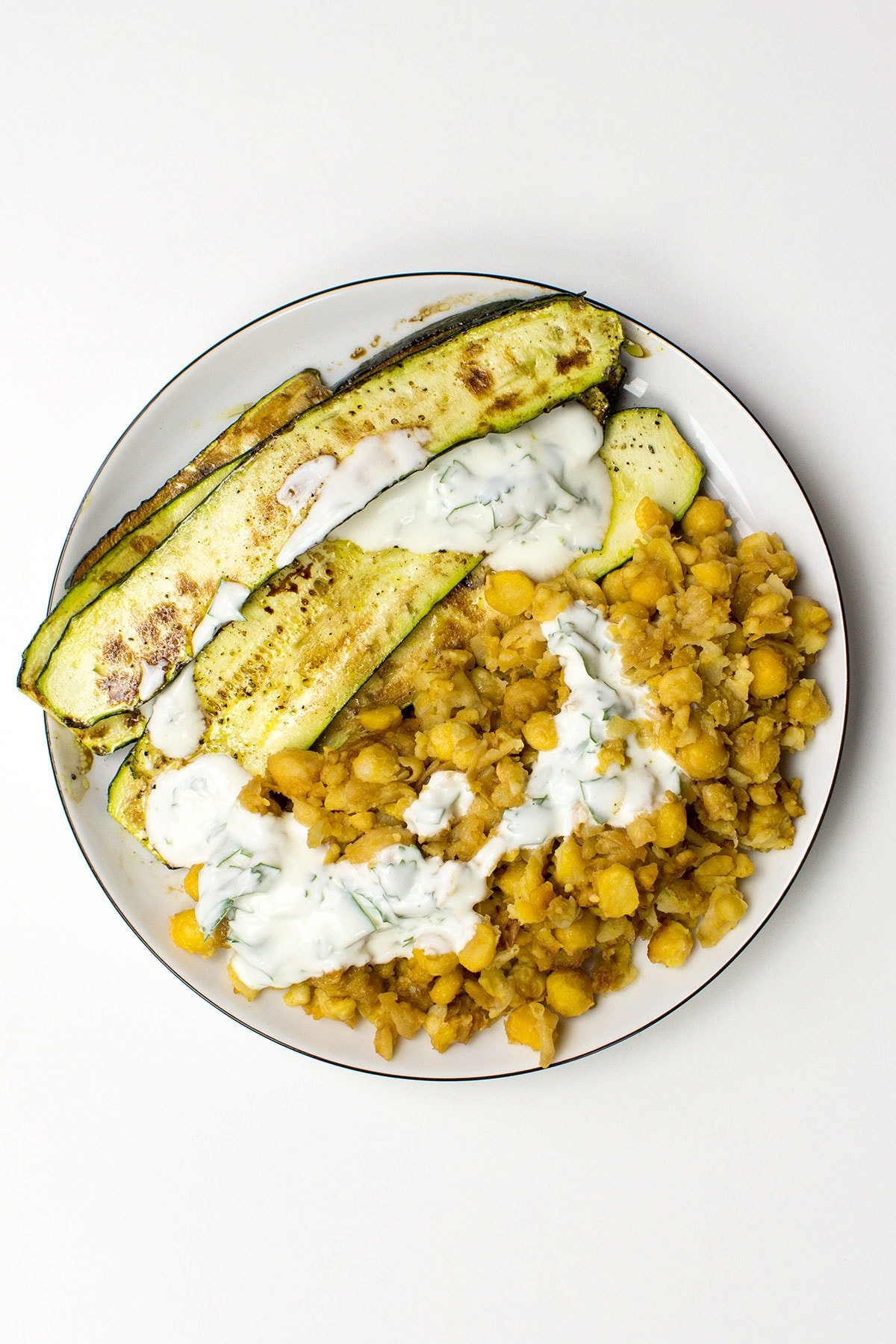 A plate of Fried Chickpeas with Zucchini (Courgette) and Yoghurt