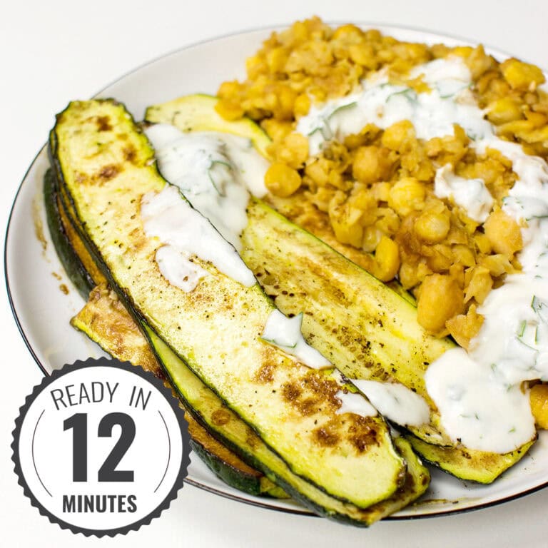 A plate of Fried Chickpeas with Zucchini (Courgette) and Yoghurt with a timestamp in the left corner.
